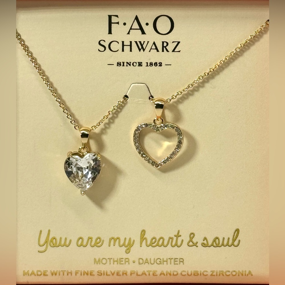 FAO Schwarz Fine Silver Plate Gold Tone Crystal Heart Pendant 2 Pc Necklace Set